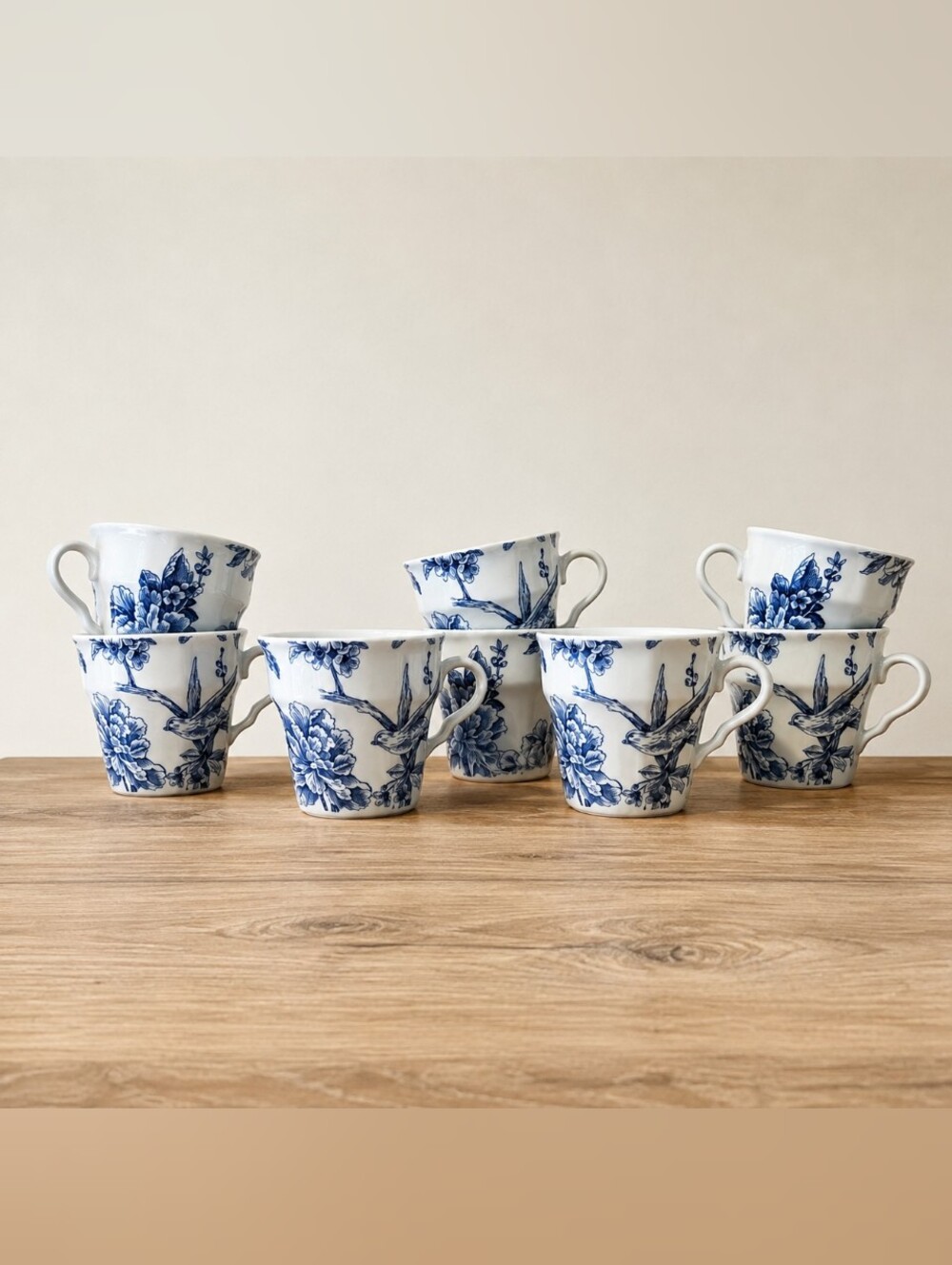 Blue Floral Porcelain Tea Cups - Set of 8